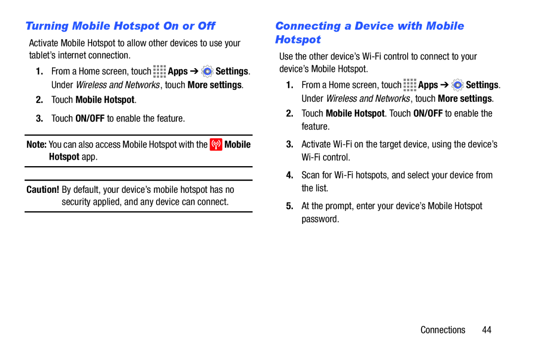 Samsung GH68-41349F manual Turning Mobile Hotspot On or Off, Connecting a Device with Mobile Hotspot, Touch Mobile Hotspot 