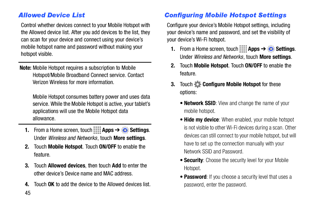 Samsung GH68-41349F manual Allowed Device List, Configuring Mobile Hotspot Settings 