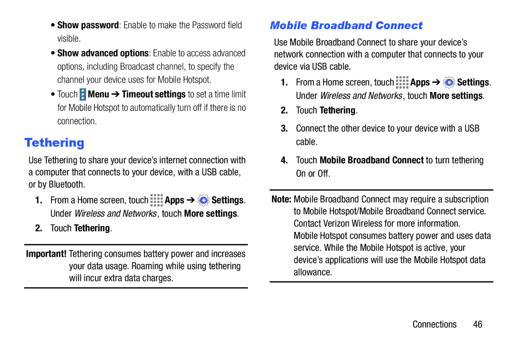 Samsung GH68-41349F manual Mobile Broadband Connect, Touch Tethering 