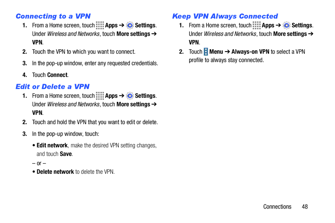 Samsung GH68-41349F manual Connecting to a VPN, Edit or Delete a VPN, Keep VPN Always Connected 