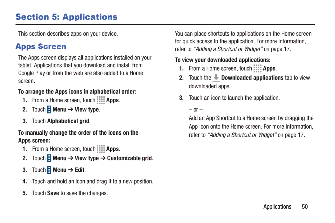 Samsung GH68-41349F manual Apps Screen, To arrange the Apps icons in alphabetical order, Touch Menu Edit 