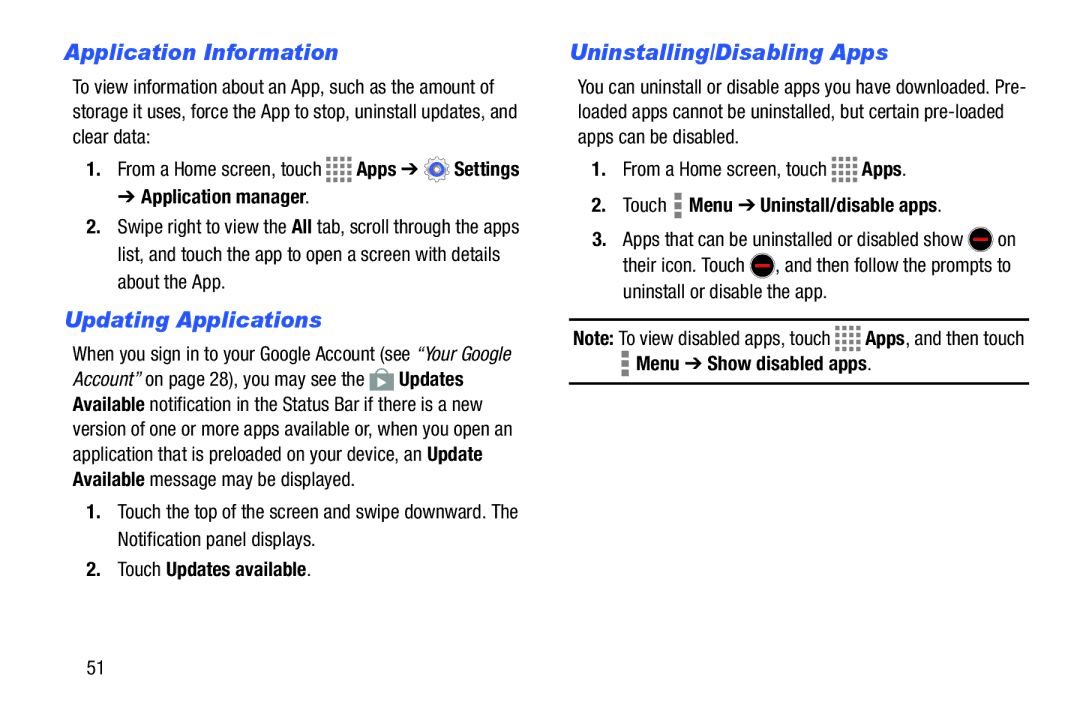 Samsung GH68-41349F manual Application Information, Updating Applications, Uninstalling/Disabling Apps 