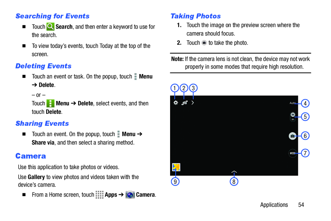 Samsung GH68-41349F manual Camera, Searching for Events, Deleting Events, Sharing Events, Taking Photos 