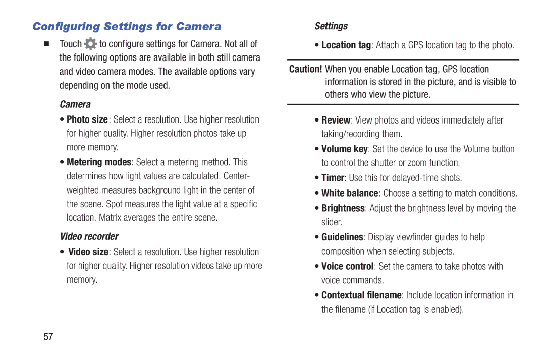 Samsung GH68-41349F manual Configuring Settings for Camera, Timer Use this for delayed-time shots 