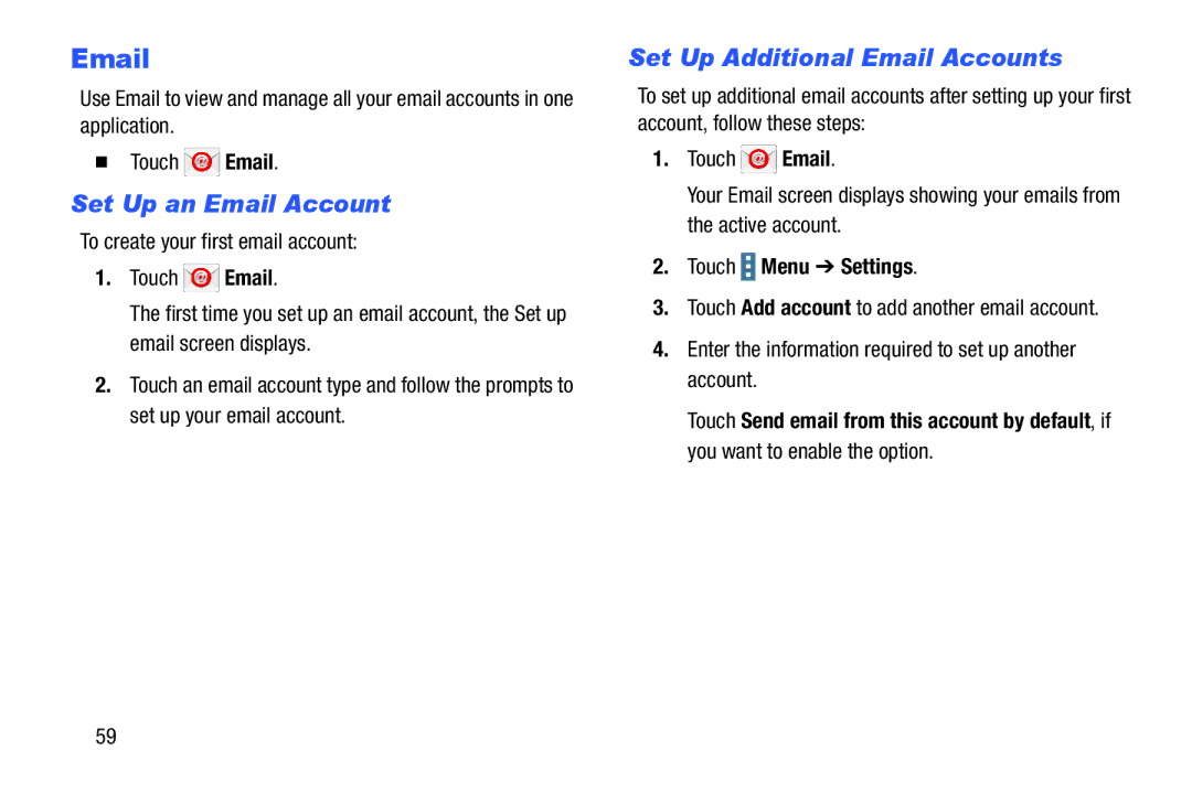 Samsung GH68-41349F manual Set Up an Email Account, Set Up Additional Email Accounts, Touch Menu Settings 