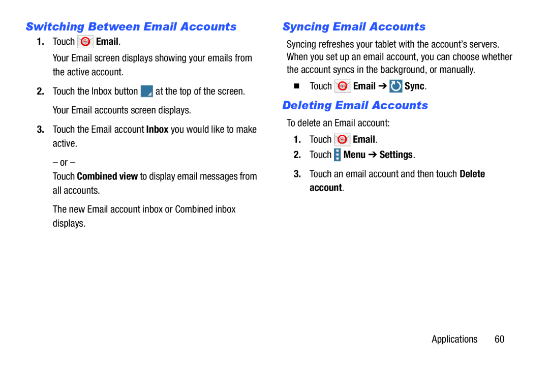 Samsung GH68-41349F Switching Between Email Accounts, Syncing Email Accounts, Deleting Email Accounts,  Touch Email Sync 