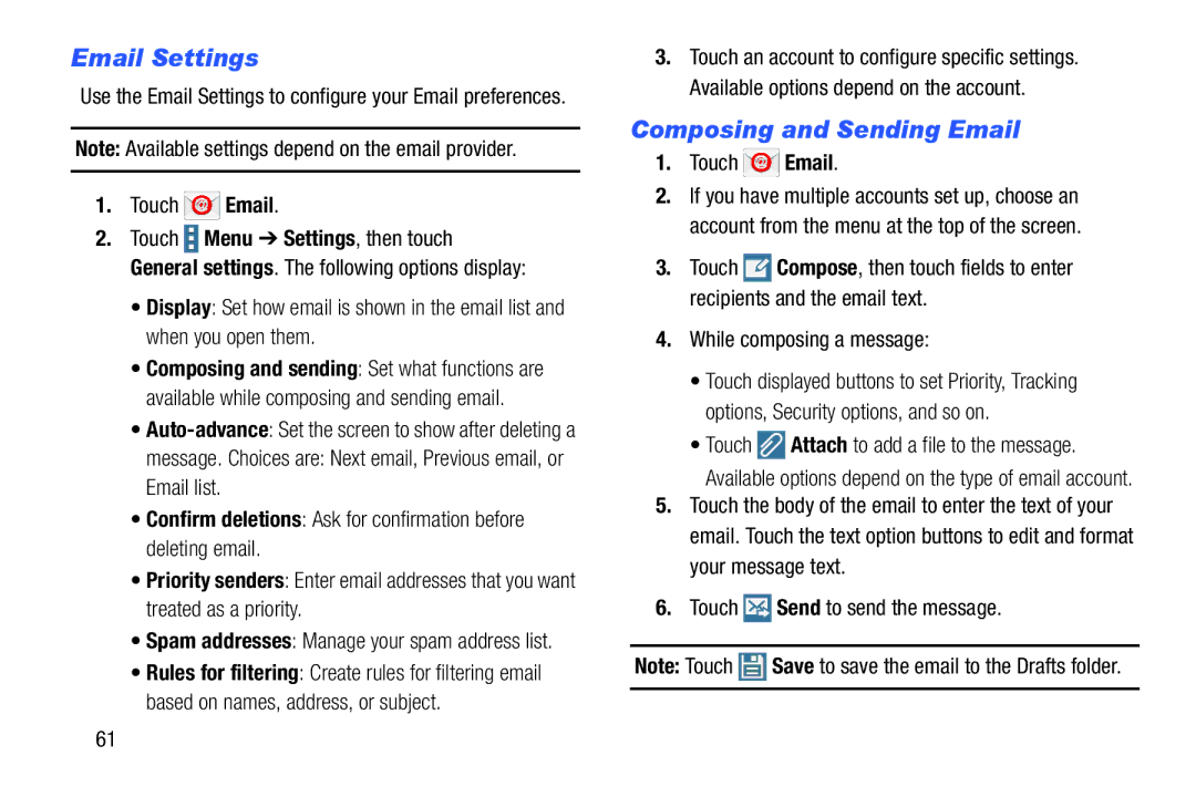 Samsung GH68-41349F manual Email Settings, Composing and Sending Email 