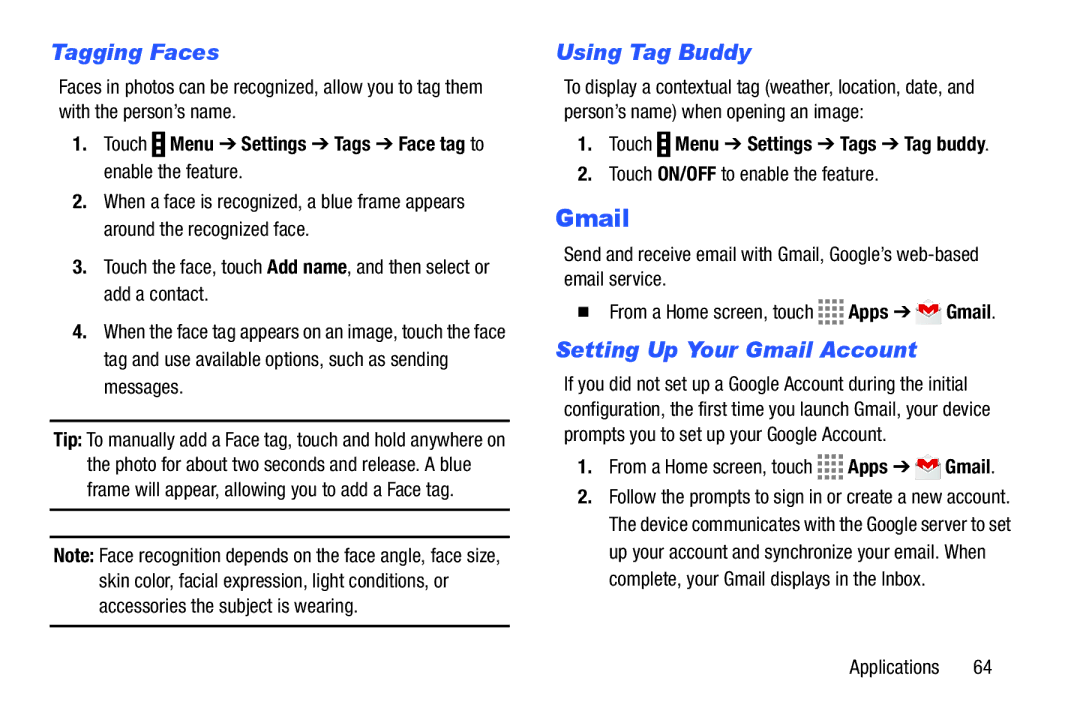 Samsung GH68-41349F manual Tagging Faces, Using Tag Buddy, Setting Up Your Gmail Account 