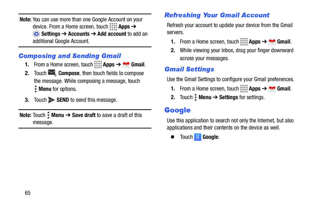 Samsung GH68-41349F manual Google, Composing and Sending Gmail, Refreshing Your Gmail Account, Gmail Settings 