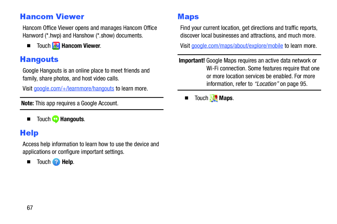 Samsung GH68-41349F manual Hancom Viewer, Hangouts, Help, Maps 