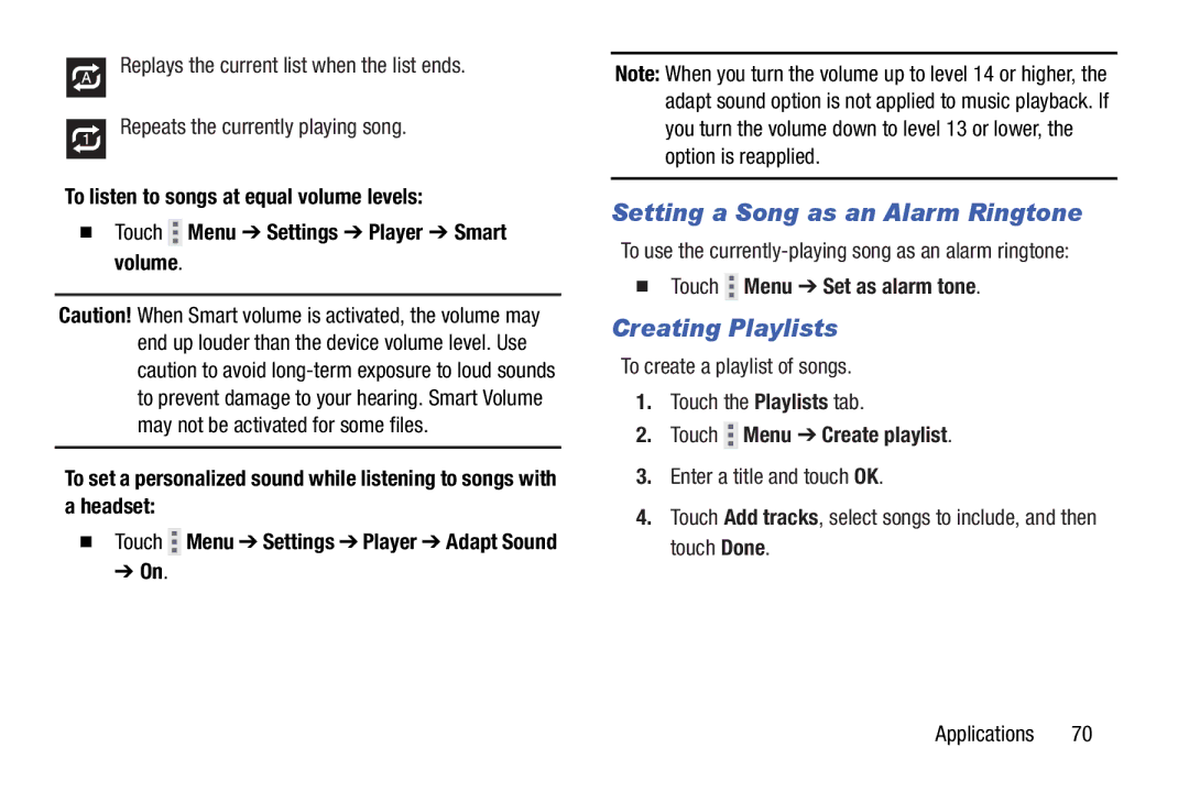 Samsung GH68-41349F manual Setting a Song as an Alarm Ringtone, Creating Playlists,  Touch Menu Set as alarm tone 