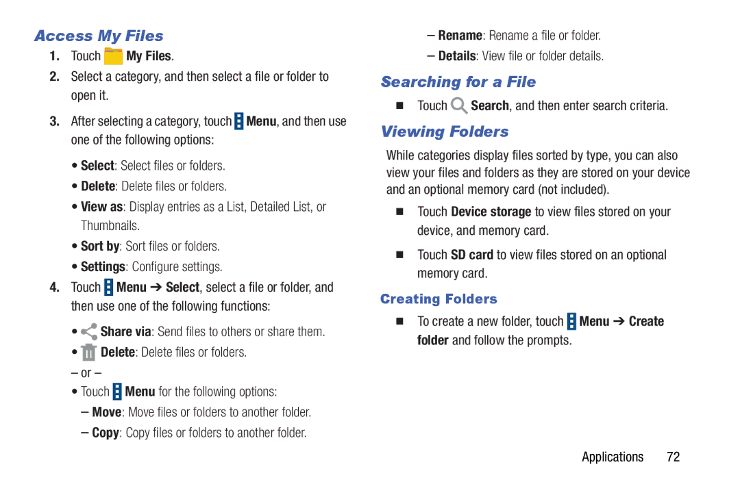 Samsung GH68-41349F manual Access My Files, Searching for a File, Viewing Folders, Touch My Files, Creating Folders 