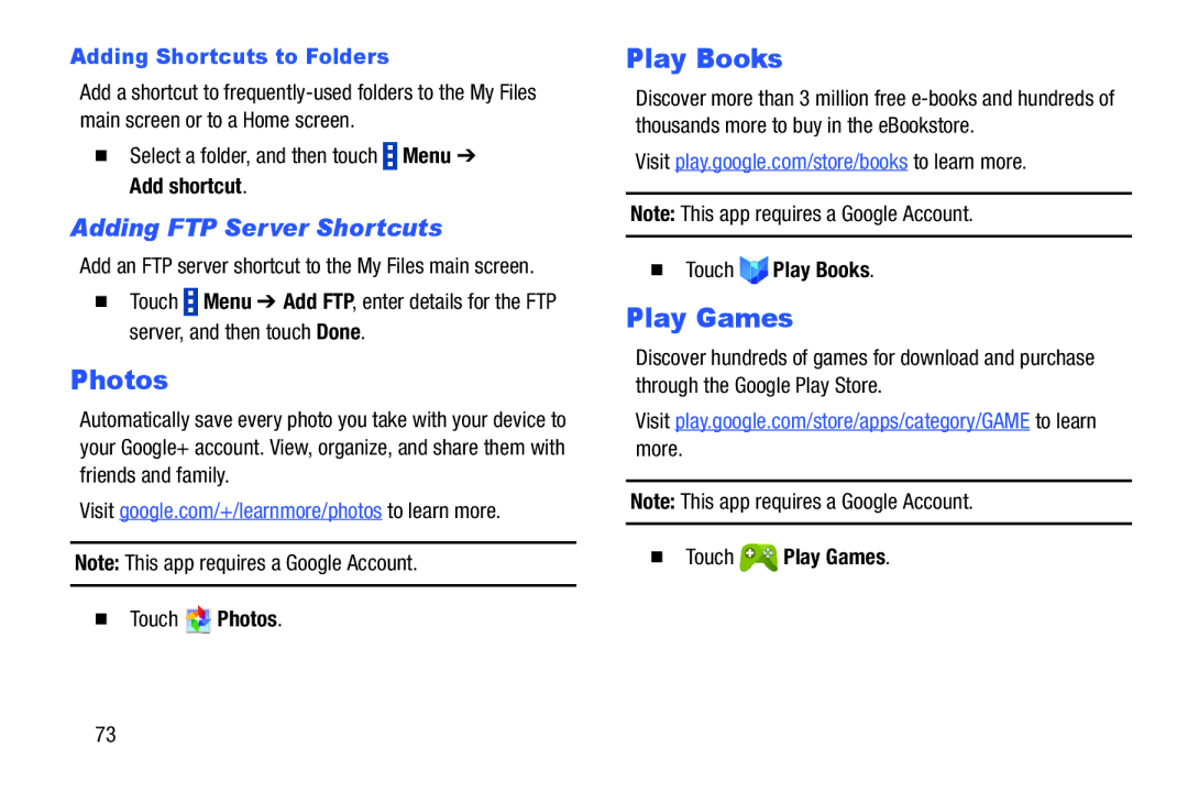 Samsung GH68-41349F manual Photos, Play Books, Play Games, Adding FTP Server Shortcuts, Adding Shortcuts to Folders 