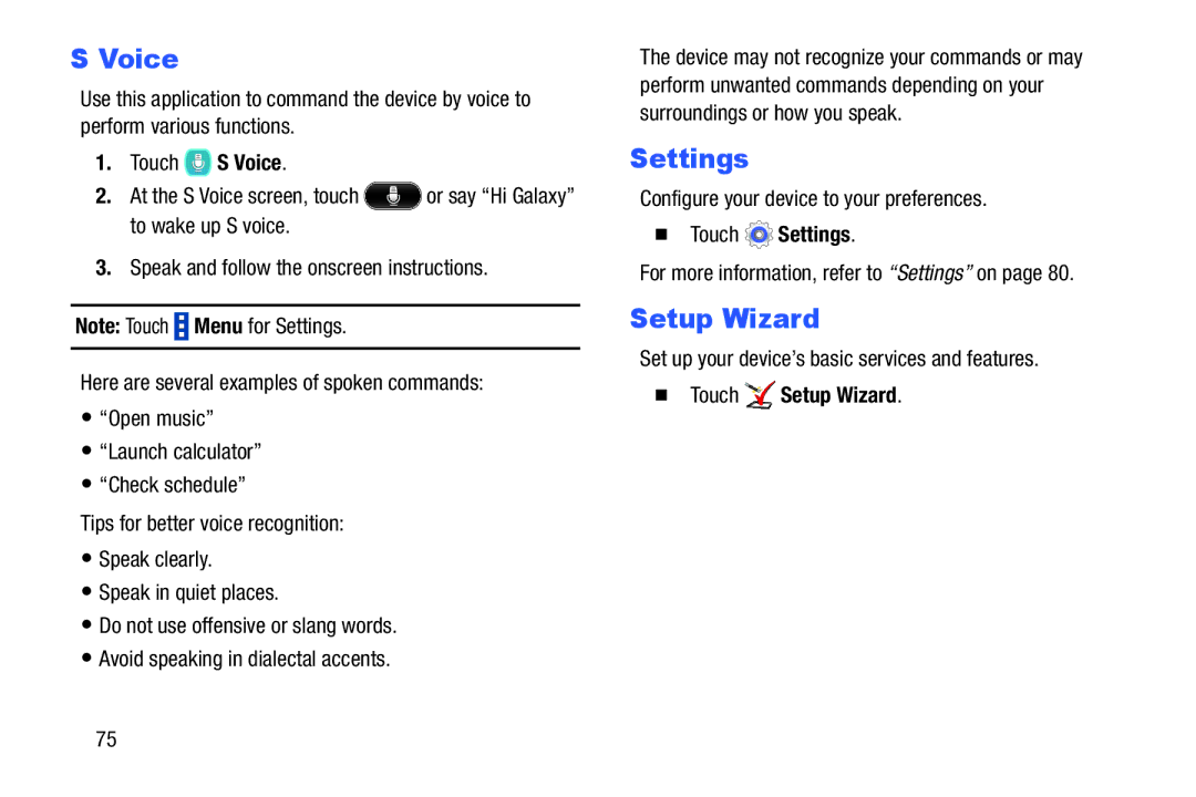 Samsung GH68-41349F manual Touch S Voice,  Touch Settings,  Touch Setup Wizard 