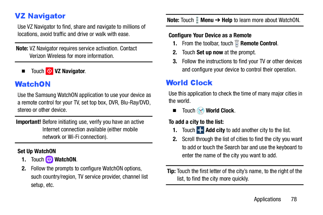 Samsung GH68-41349F manual VZ Navigator, WatchON, World Clock 