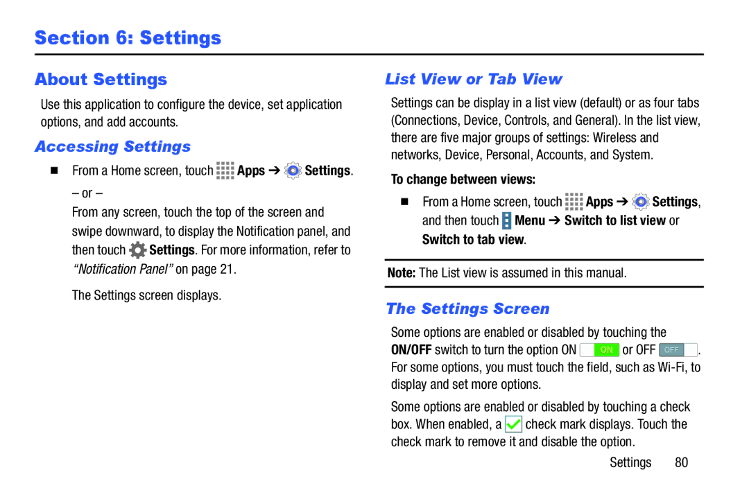 Samsung GH68-41349F About Settings, Accessing Settings, List View or Tab View, Settings Screen, To change between views 