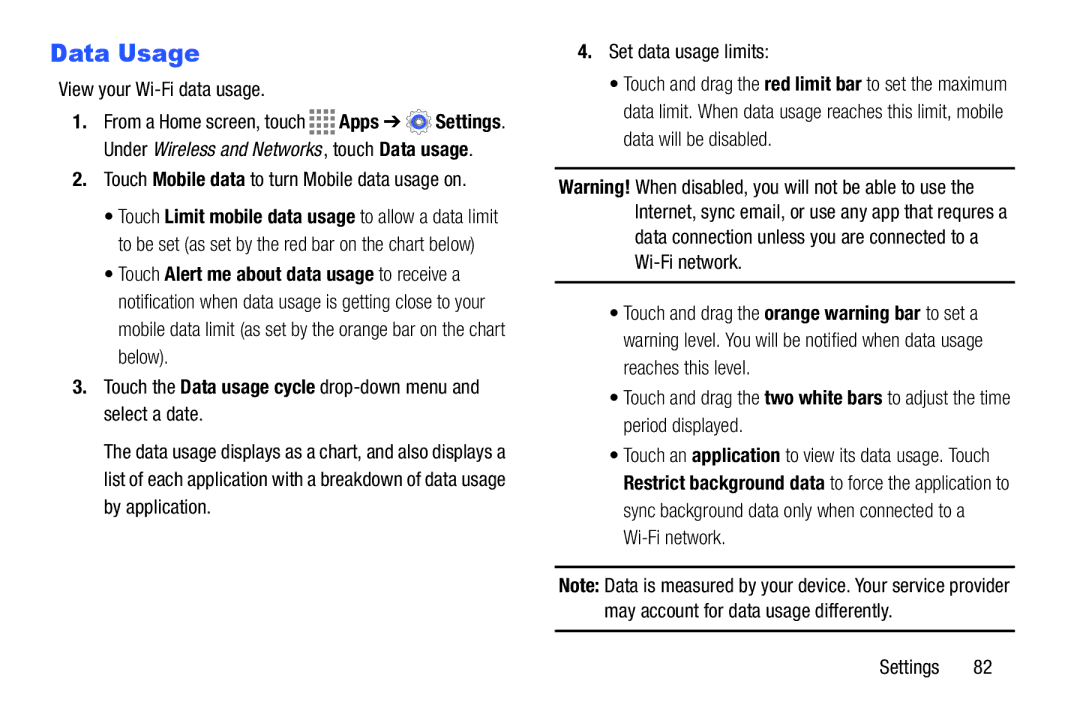 Samsung GH68-41349F manual Data Usage, View your Wi-Fi data usage, Touch Mobile data to turn Mobile data usage on 