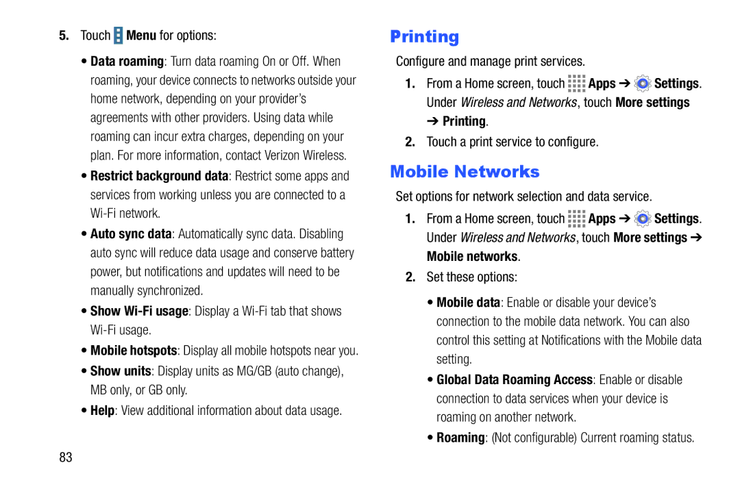 Samsung GH68-41349F manual Printing, Mobile Networks, Mobile networks 