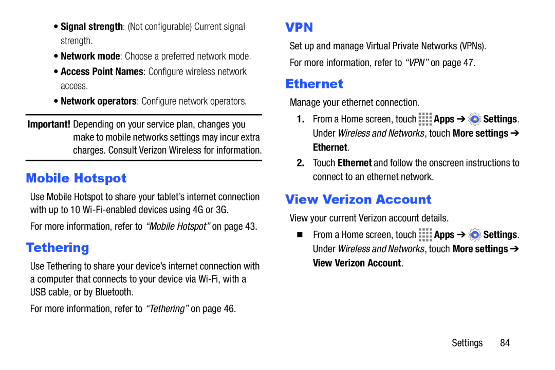 Samsung GH68-41349F manual Ethernet, View Verizon Account, Access Point Names Configure wireless network access 