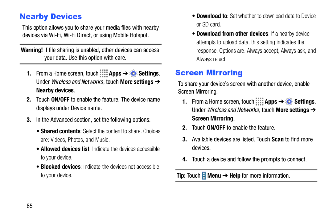 Samsung GH68-41349F manual Nearby Devices, Screen Mirroring, Nearby devices 