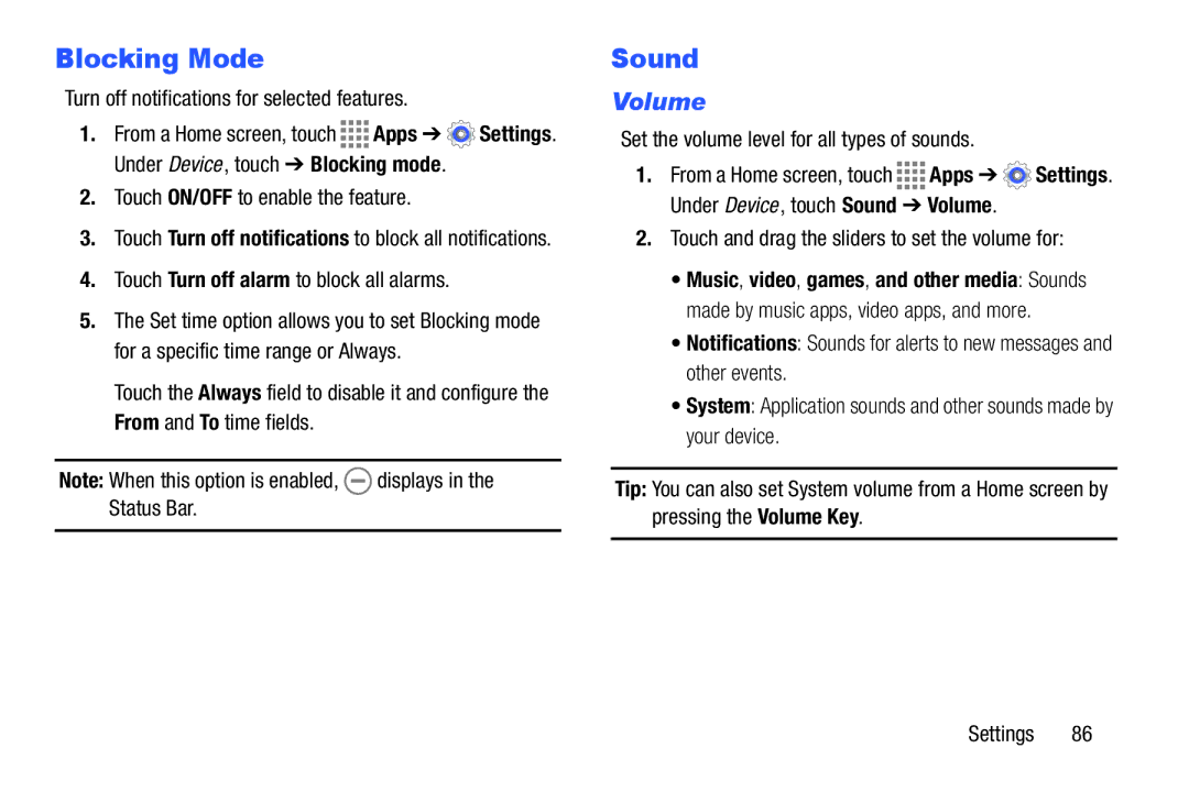 Samsung GH68-41349F manual Blocking Mode, Sound, Volume 