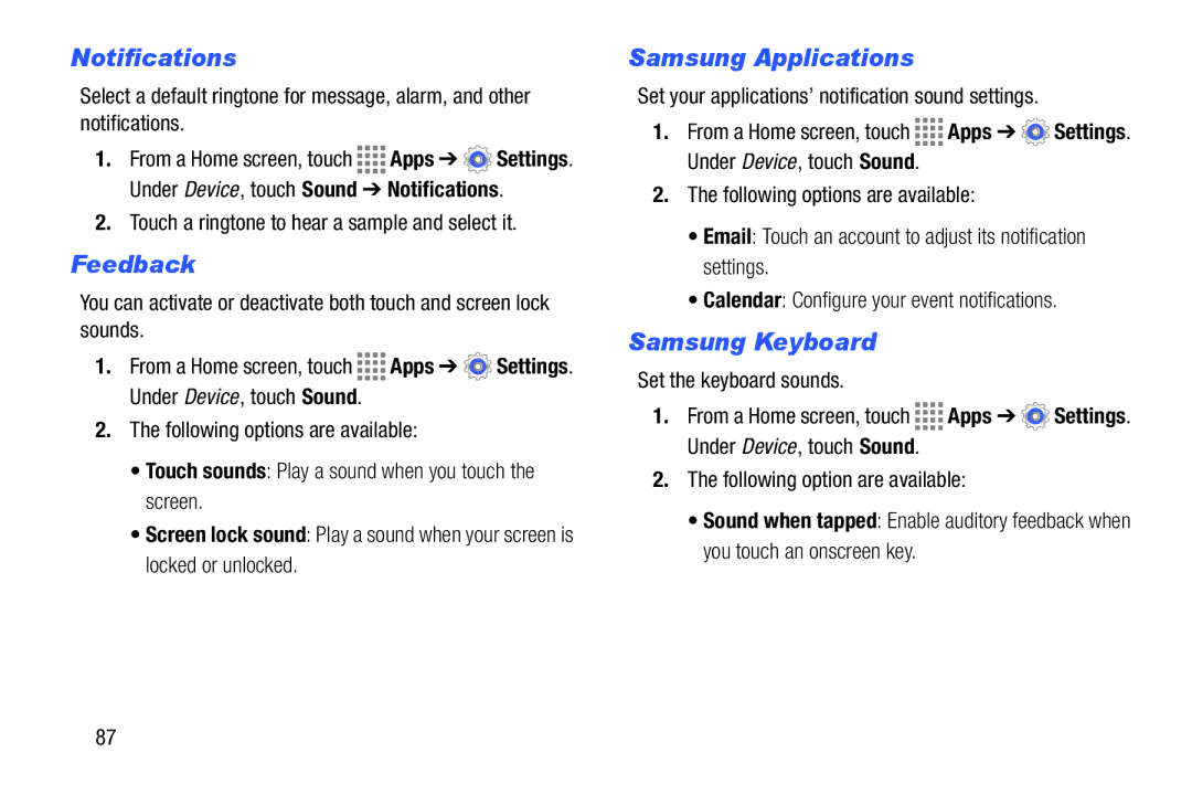 Samsung GH68-41349F manual Notifications, Feedback, Samsung Applications, Samsung Keyboard 