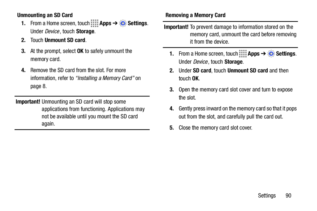 Samsung GH68-41349F manual Unmounting an SD Card, Touch Unmount SD card, Removing a Memory Card 