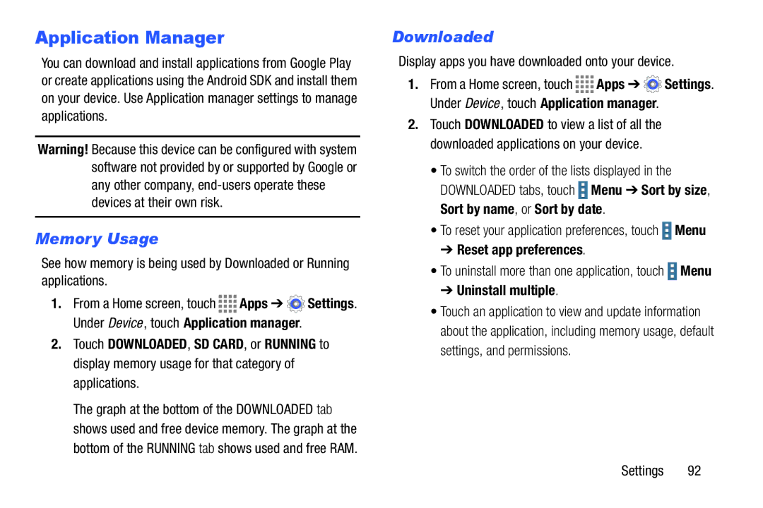 Samsung GH68-41349F manual Application Manager, Memory Usage, Downloaded, Reset app preferences, Uninstall multiple 