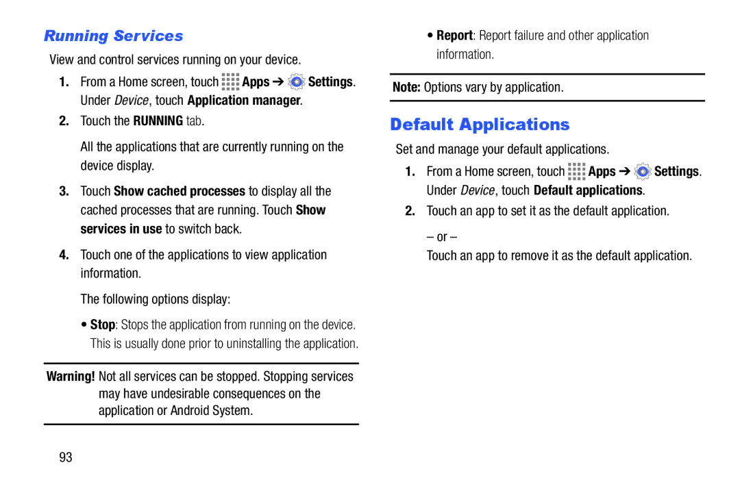 Samsung GH68-41349F manual Default Applications, Running Services 