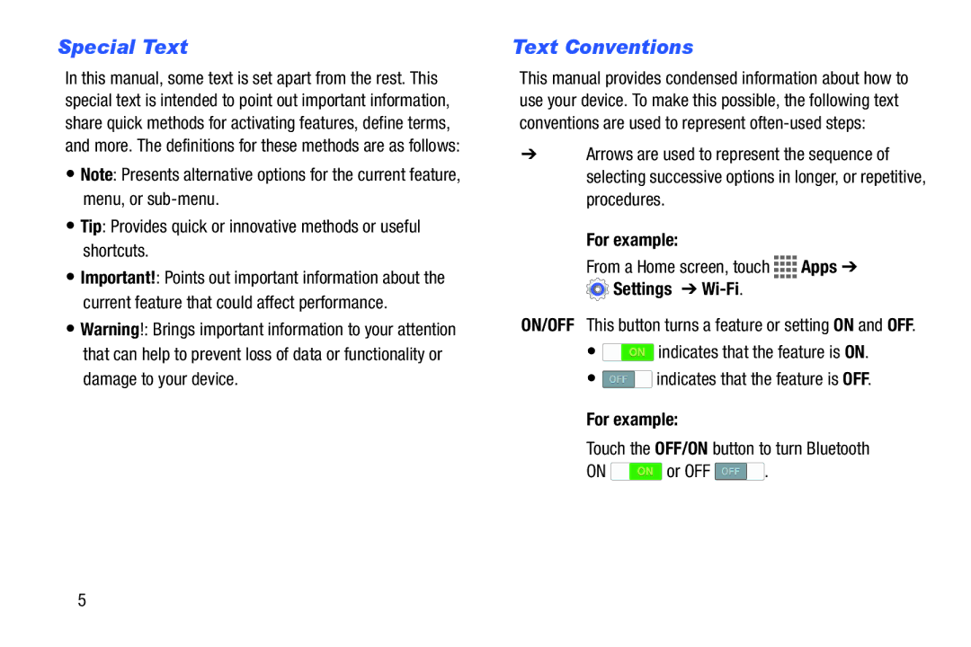 Samsung GH68-41351F manual Special Text, Text Conventions, For example, Settings Wi-Fi 