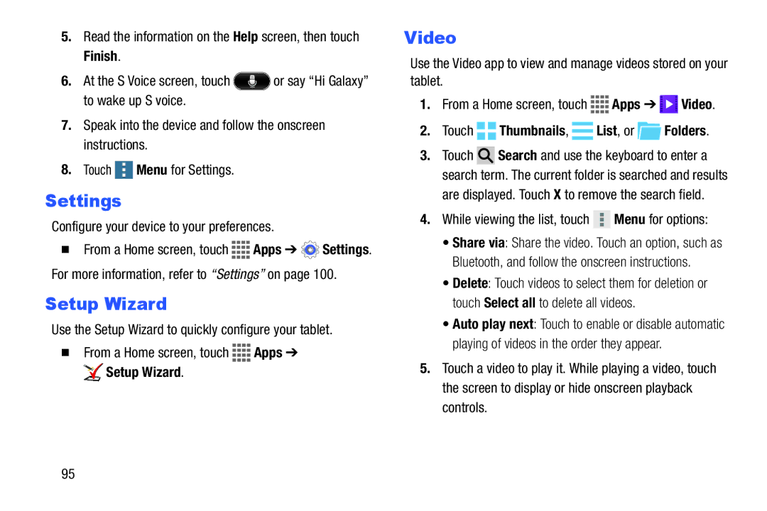 Samsung GH68-41351F manual Settings, Setup Wizard, Video, List , or 