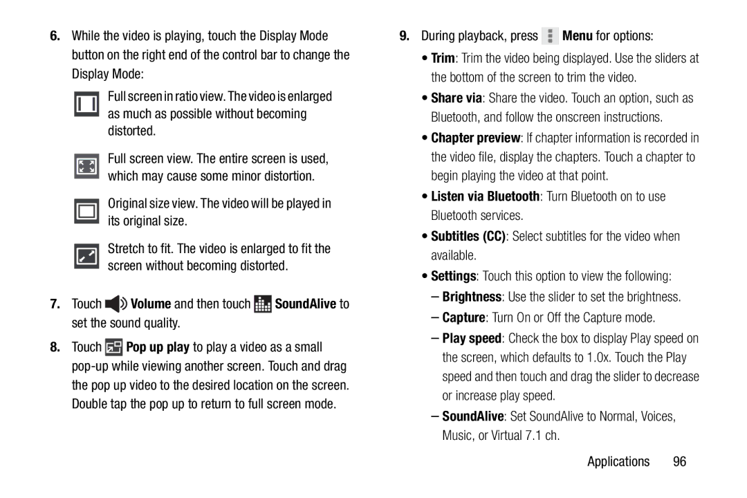 Samsung GH68-41351F manual During playback, press Menu for options, Capture Turn On or Off the Capture mode 