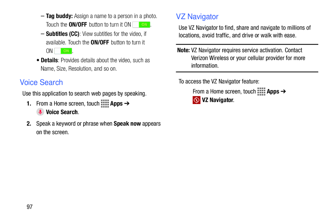 Samsung GH68-41351F manual Voice Search, VZ Navigator, Touch the ON/OFF button to turn it on 