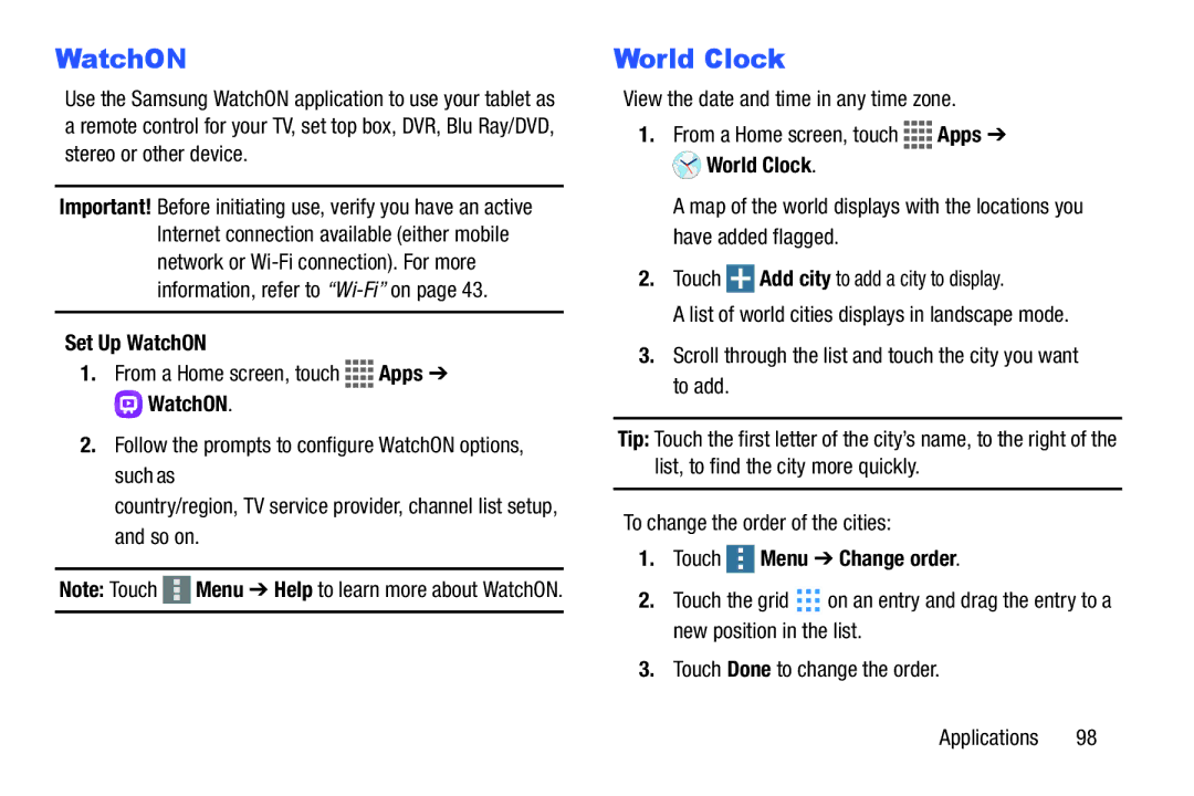 Samsung GH68-41351F manual World Clock, Set Up WatchON 