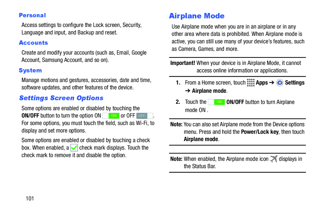 Samsung GH68-41351F manual Airplane Mode, Settings Screen Options, Personal, Accounts, System 