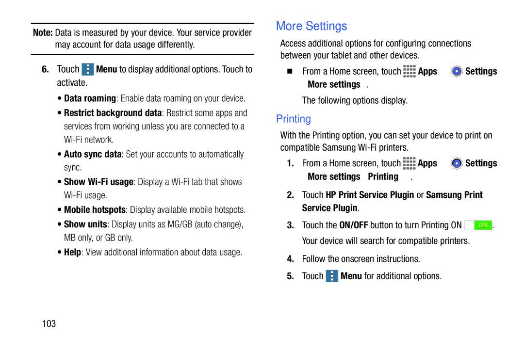 Samsung GH68-41351F More Settings, Printing, Touch Menu to display additional options. Touch to activate, More settings 