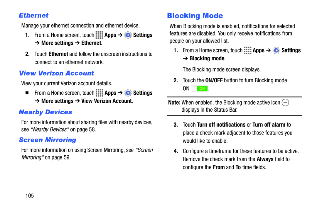 Samsung GH68-41351F manual Blocking Mode, Ethernet, View Verizon Account, Nearby Devices, Screen Mirroring 