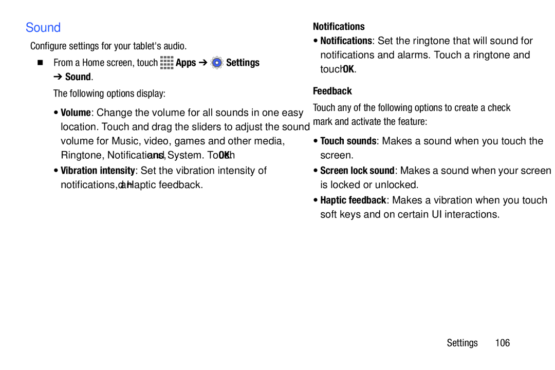 Samsung GH68-41351F manual Sound, Notifications, Feedback, Touch sounds Makes a sound when you touch the screen 