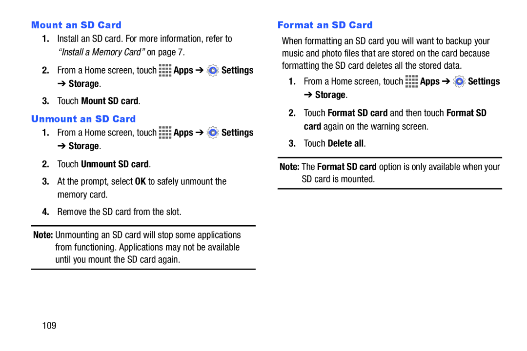 Samsung GH68-41351F manual Mount an SD Card, Unmount an SD Card, Format an SD Card 