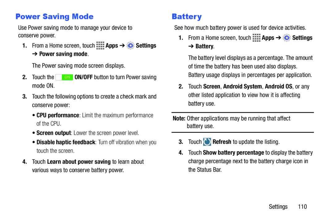 Samsung GH68-41351F manual Power Saving Mode, Battery, Power saving mode, Touch Refresh to update the listing 