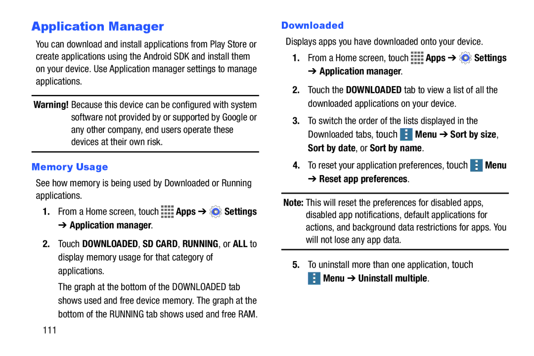 Samsung GH68-41351F manual Application Manager, Memory Usage, Downloaded 