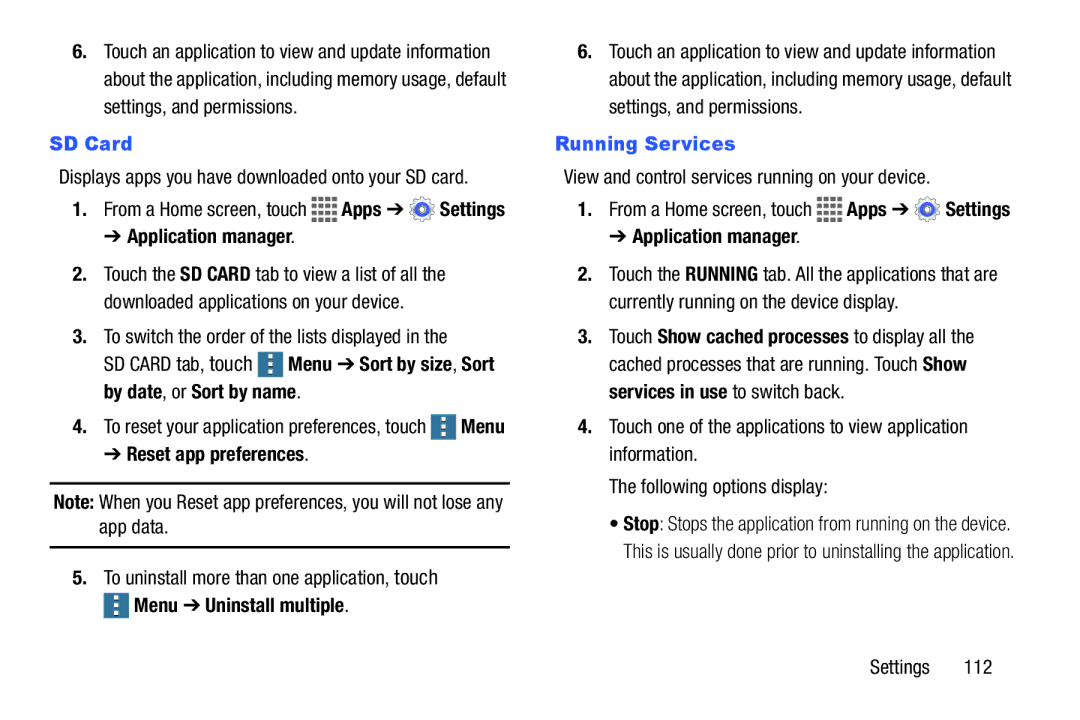 Samsung GH68-41351F manual SD Card, Running Services, View and control services running on your device 