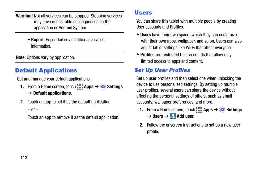 Samsung GH68-41351F manual Default Applications, Set Up User Profiles, Default applications, Users Add user 