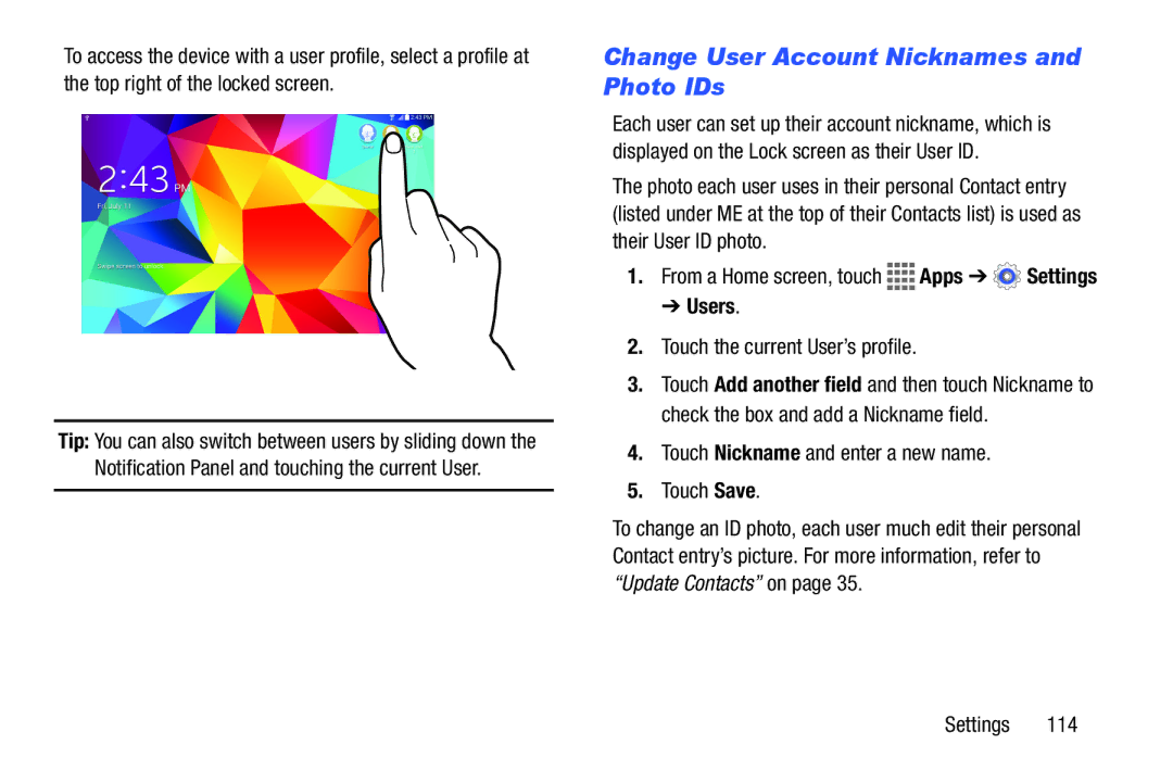 Samsung GH68-41351F manual Change User Account Nicknames and Photo IDs, Users, Touch the current User’s profile 