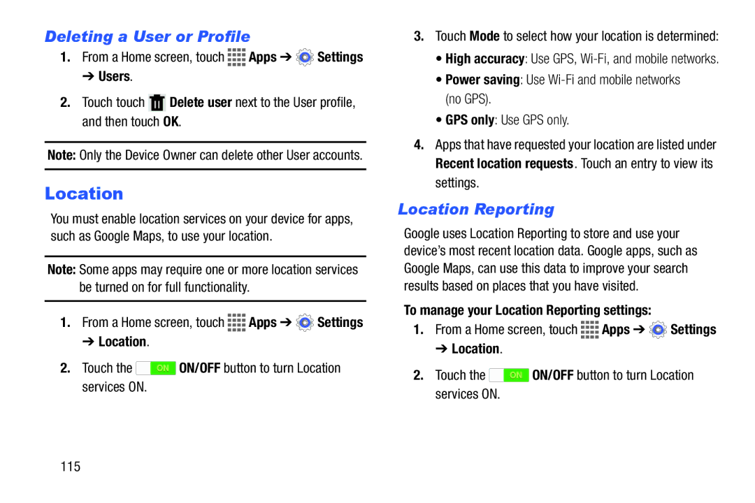 Samsung GH68-41351F manual Deleting a User or Profile, To manage your Location Reporting settings 