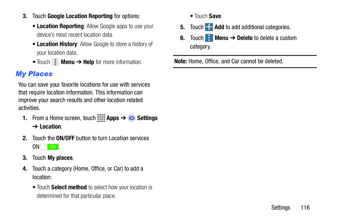 Samsung GH68-41351F manual My Places, Touch Google Location Reporting for options, Touch My places 