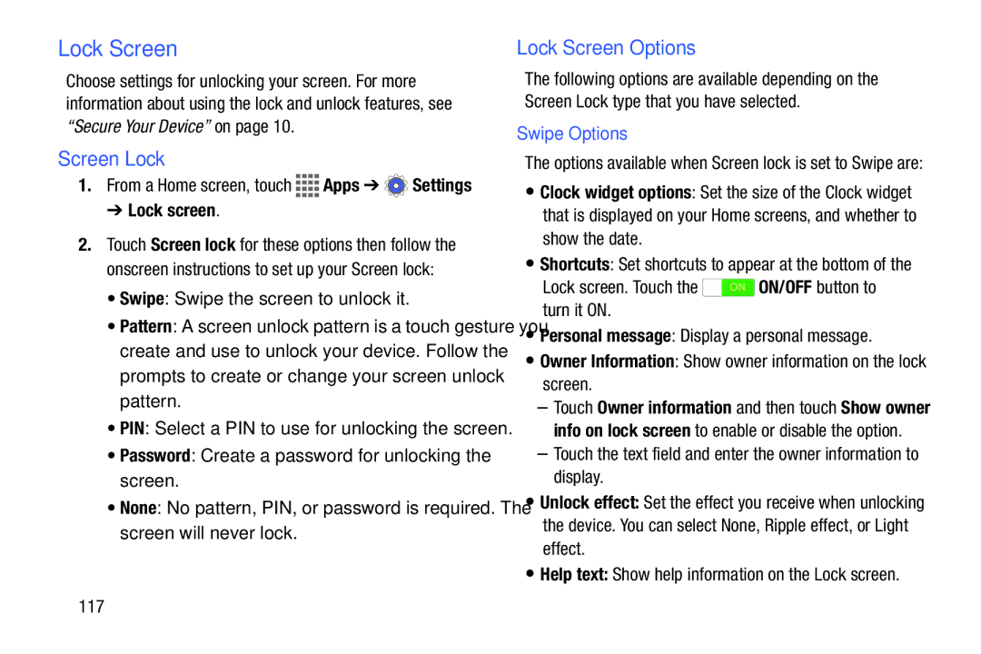 Samsung GH68-41351F manual Screen Lock, Lock Screen Options, Swipe Options 