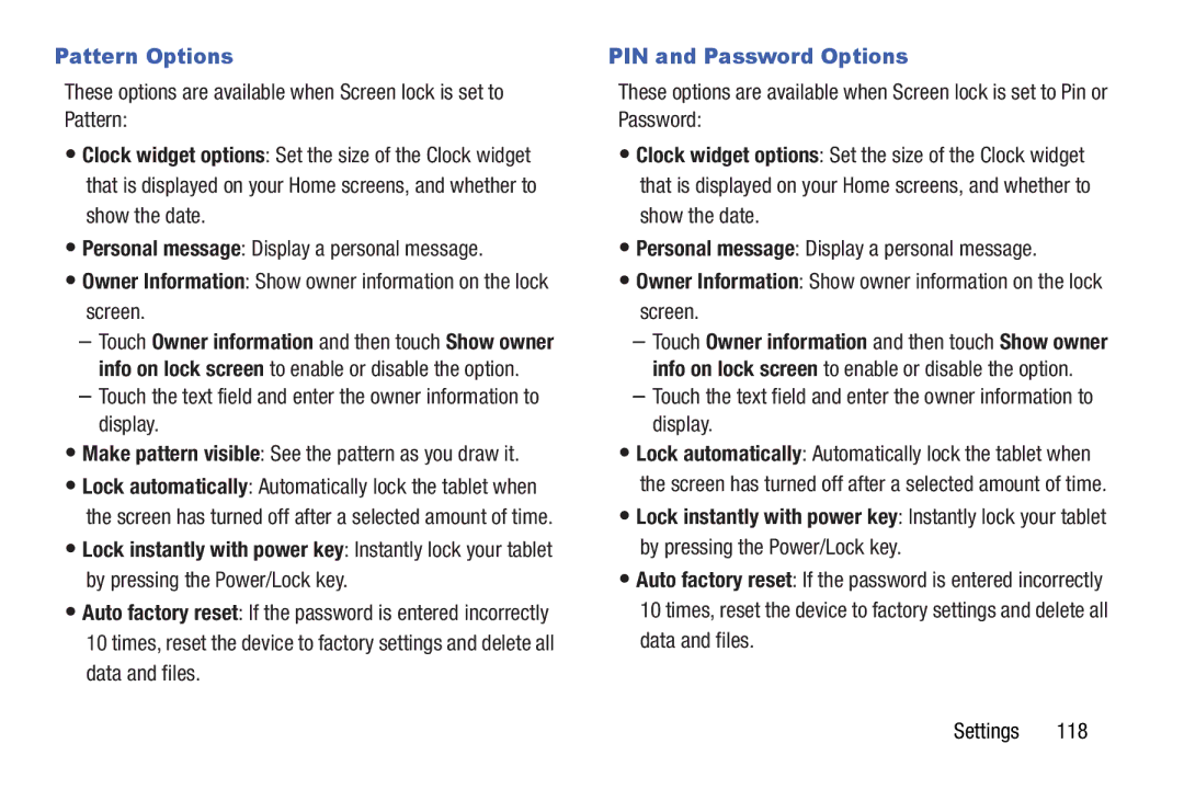 Samsung GH68-41351F manual Pattern Options, PIN and Password Options 