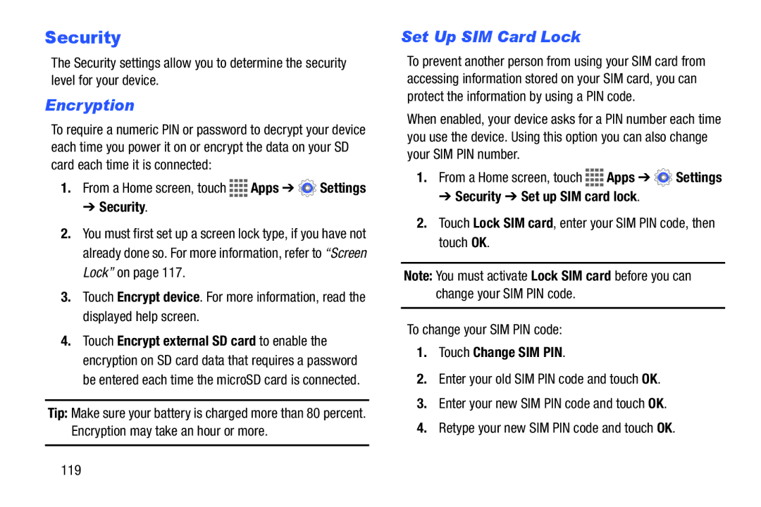 Samsung GH68-41351F manual Security, Encryption, Set Up SIM Card Lock 