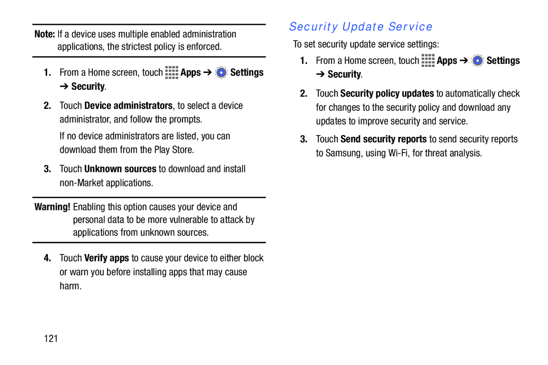 Samsung GH68-41351F manual Security Update Service, To set security update service settings, 121 